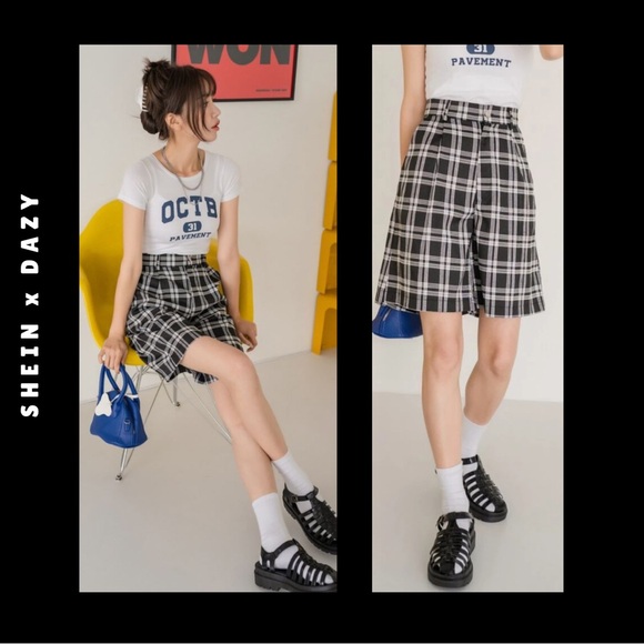 dazy • black and white gingham plaid high waist bermuda shorts - Picture 5 of 13